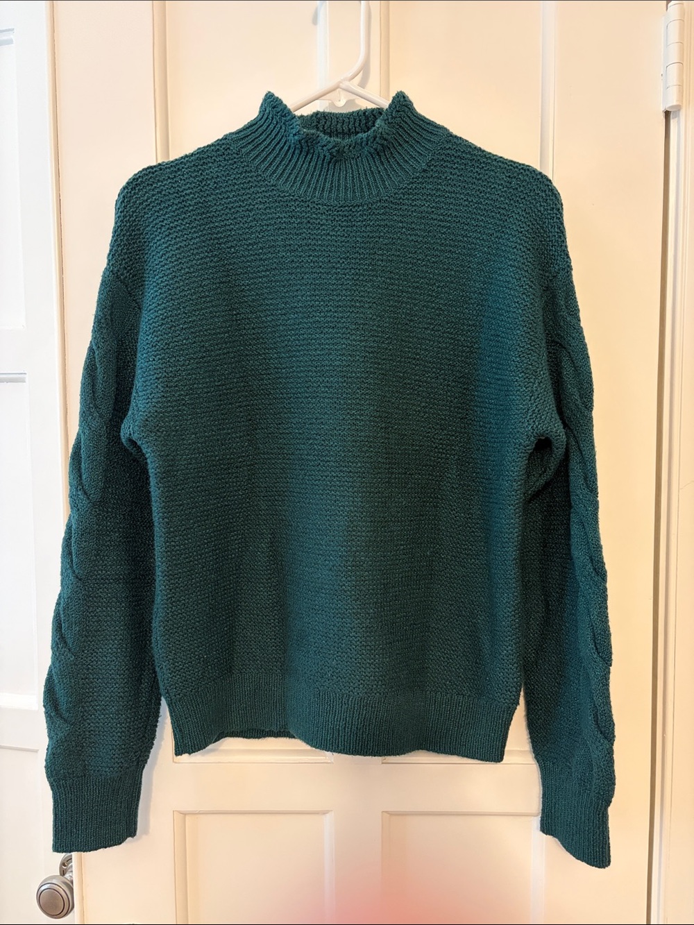 J. Crew Factory Deep Teal Mock Neck Cable Sleeve Sweater